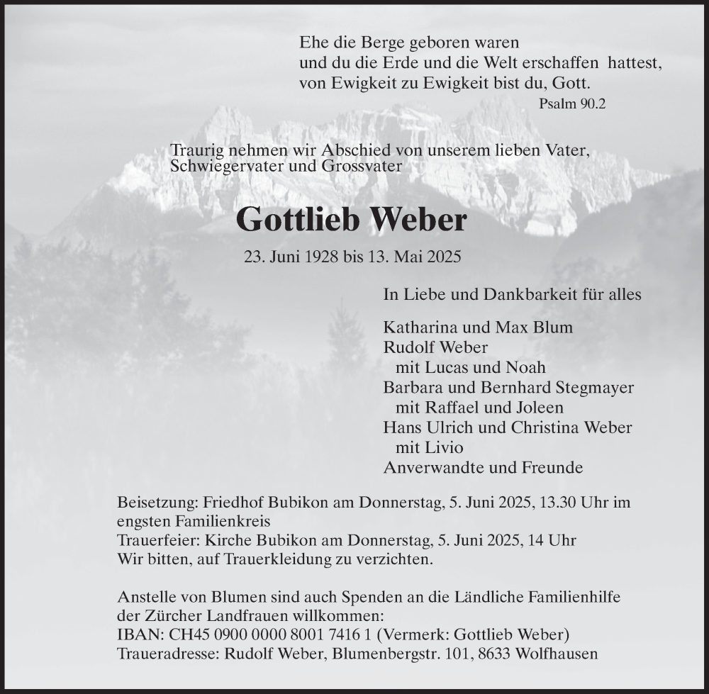 Traueranzeige für Gottlieb Weber vom 21.05.2025 aus AvU