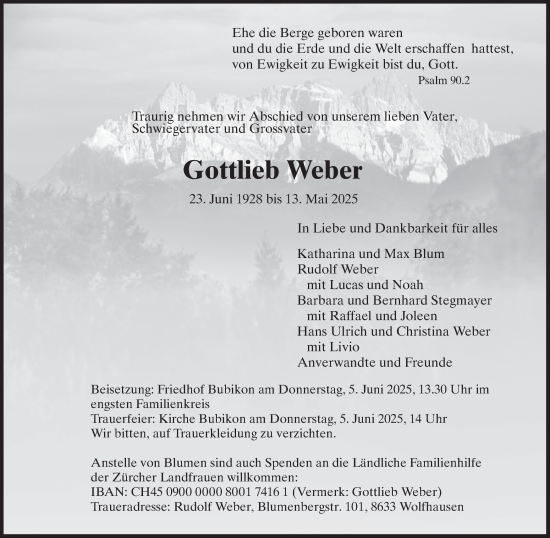 Traueranzeige von Gottlieb Weber von AvU