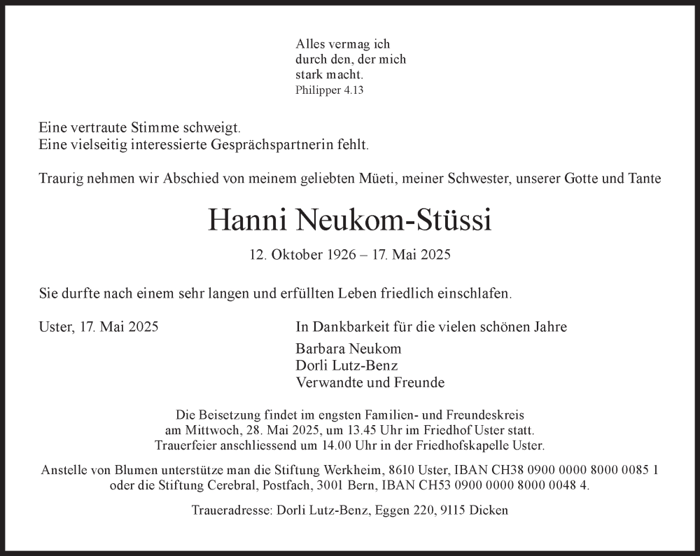  Traueranzeige für Hanni Neukom-Stüssi vom 24.05.2025 aus AvU