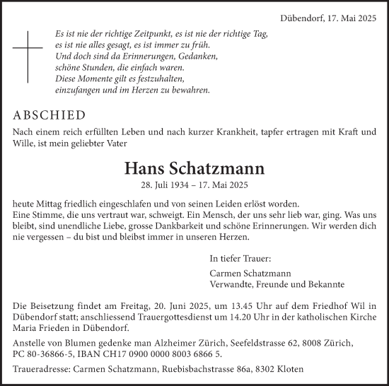 Traueranzeige von Hans Schatzmann von GL solo
