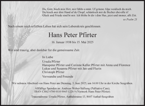 Traueranzeige von Hans Peter Pfirter von AvU