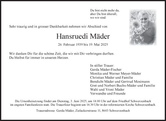 Traueranzeige von Hansruedi Mäder von GL solo