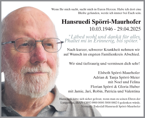 Traueranzeige von Hansruedi Spörri-Maurhofer von AvU
