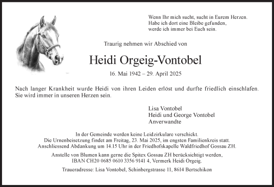 Traueranzeige von Heidi Orgeig-Vontobel von AvU