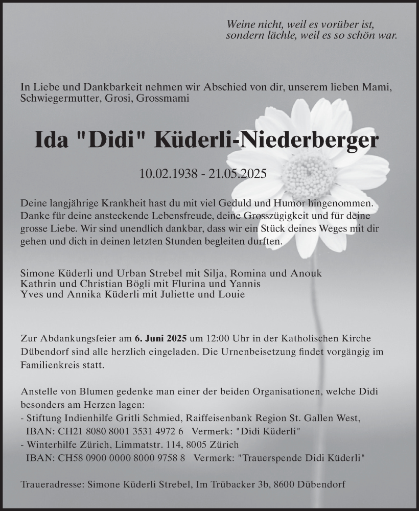  Traueranzeige für Ida Küderli-Niederberger vom 30.05.2025 aus GL solo