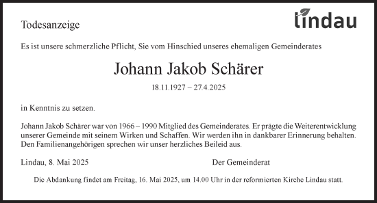 Traueranzeige von Johann Jakob Schärer von AvU