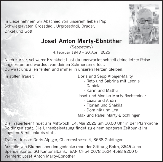 Traueranzeige von Josef Anton Marty-Ebnöther von AvU
