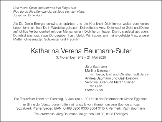 Traueranzeige von Katharina Verena Baumann-Suter von AvU