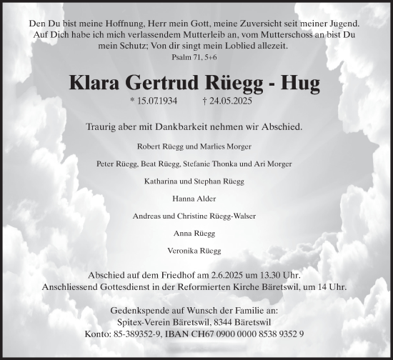 Traueranzeige von Klara Gertrud Rüegg-Hug von AvU
