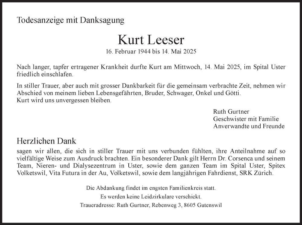  Traueranzeige für Kurt Leeser vom 21.05.2025 aus AvU