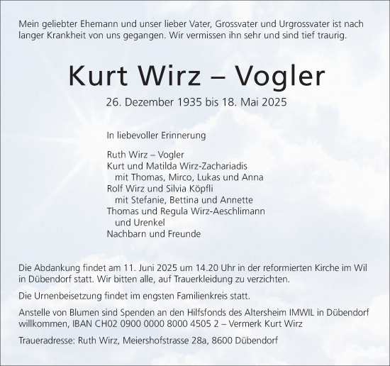 Traueranzeige von Kurt Wirz-Vogler von GL solo