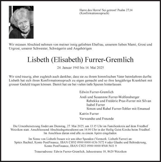 Traueranzeige von Lisbeth Furrer-Gremlich von AvU