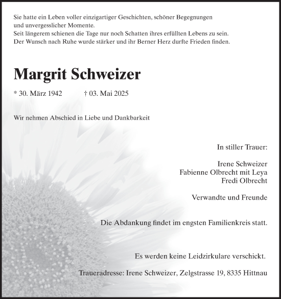 Traueranzeige von Margrit Schweizer von AvU