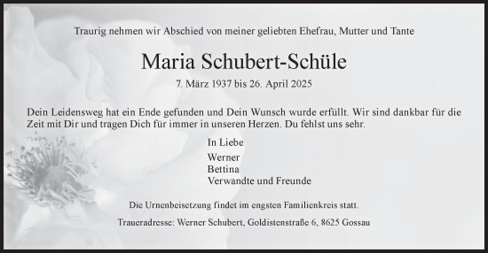 Traueranzeige von Maria Schubert-Schüle von AvU