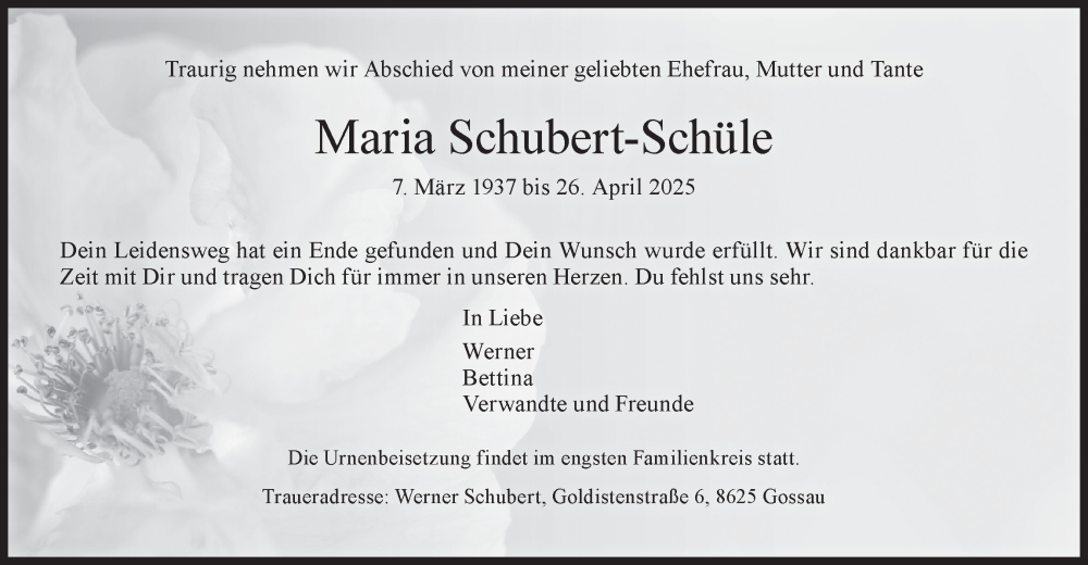  Traueranzeige für Maria Schubert-Schüle vom 07.05.2025 aus AvU