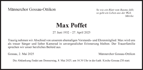 Traueranzeige von Max Poffet von AvU