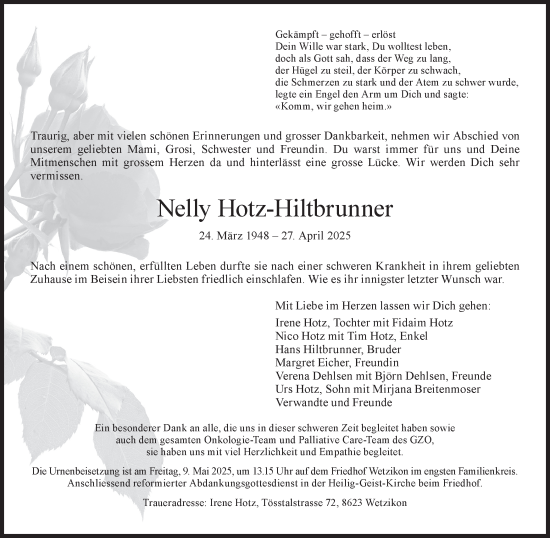Traueranzeige von Nelly Hotz-Hiltbrunner von AvU