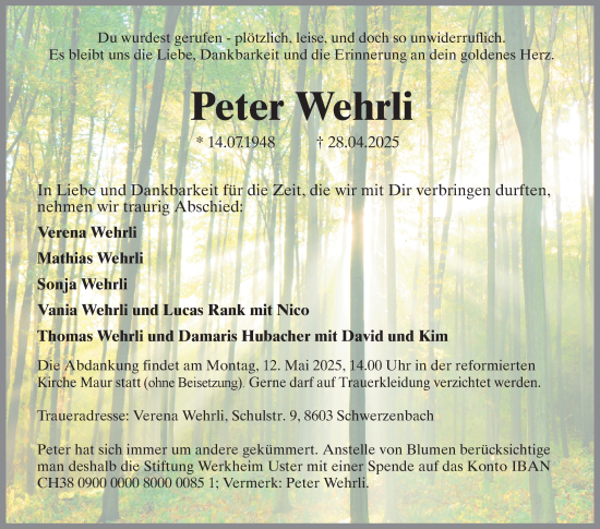 Traueranzeige von Peter Wehrli von AvU