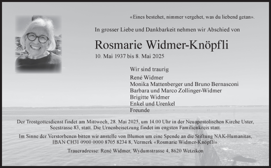 Traueranzeige von Rosmarie Widmer-Knöpfli von AvU