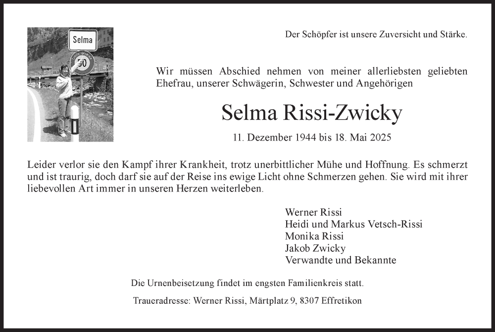  Traueranzeige für Selma Rissi-Zwicky vom 28.05.2025 aus AvU