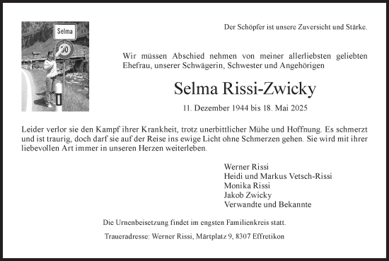 Traueranzeige von Selma Rissi-Zwicky von AvU