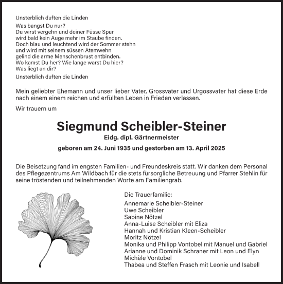 Traueranzeige von Siegmund Scheibler-Steiner von AvU