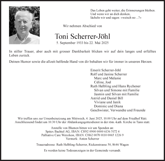 Traueranzeige von Toni Scherrer-Jöhl von AvU