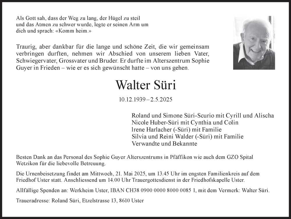  Traueranzeige für Walter Süri vom 14.05.2025 aus AvU