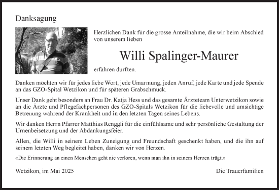 Traueranzeige von Willi Spalinger-Maurer von AvU