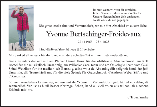 Traueranzeige von Yvonne Bertschinger-Froidevaux von AvU