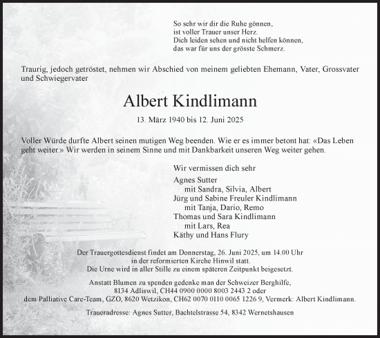 Traueranzeige von Albert Kindlimann von AvU