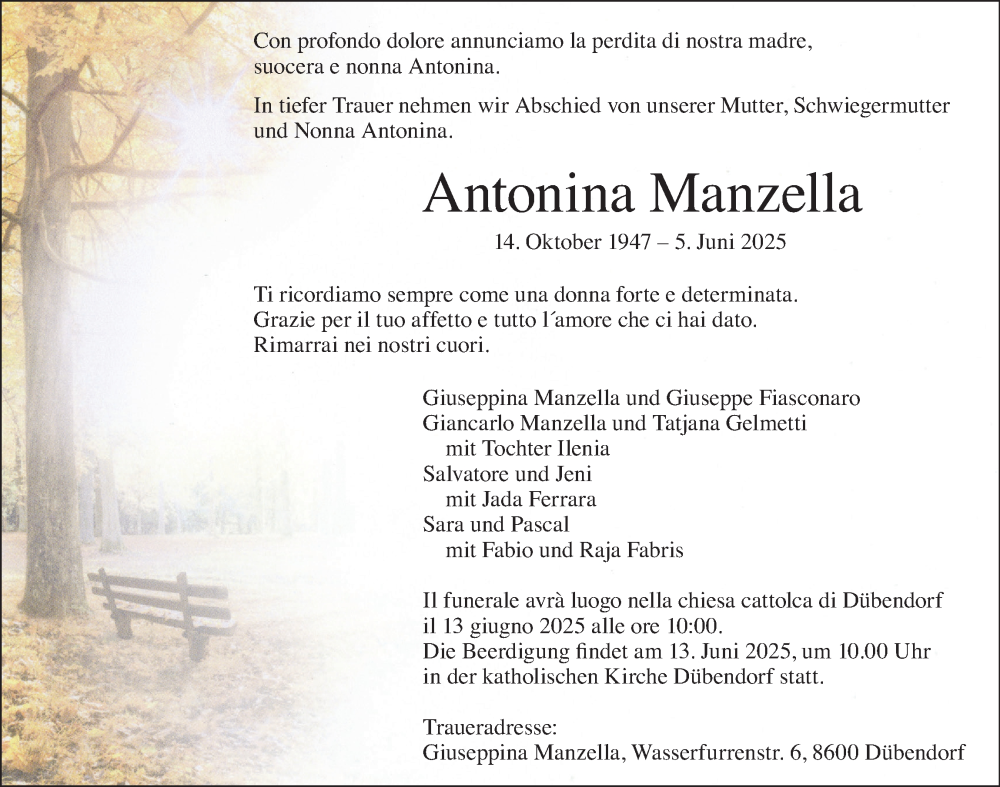  Traueranzeige für Antonina Manzella vom 13.06.2025 aus GL solo