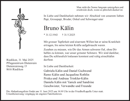 Traueranzeige von Bruno Kälin von AvU