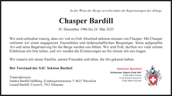 Traueranzeige von Chasper Bardill von AvU