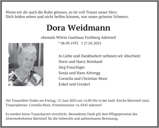 Traueranzeige von Dora Weidmann von AvU