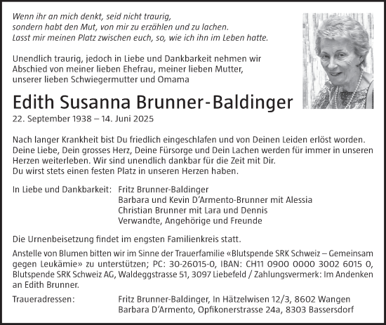 Traueranzeige von Edith Susanna Brunner-Baldinger von AvU