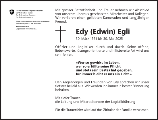 Traueranzeige von Edwin Egli von AvU
