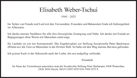 Traueranzeige von Elisabeth Weber-Tschui von AvU