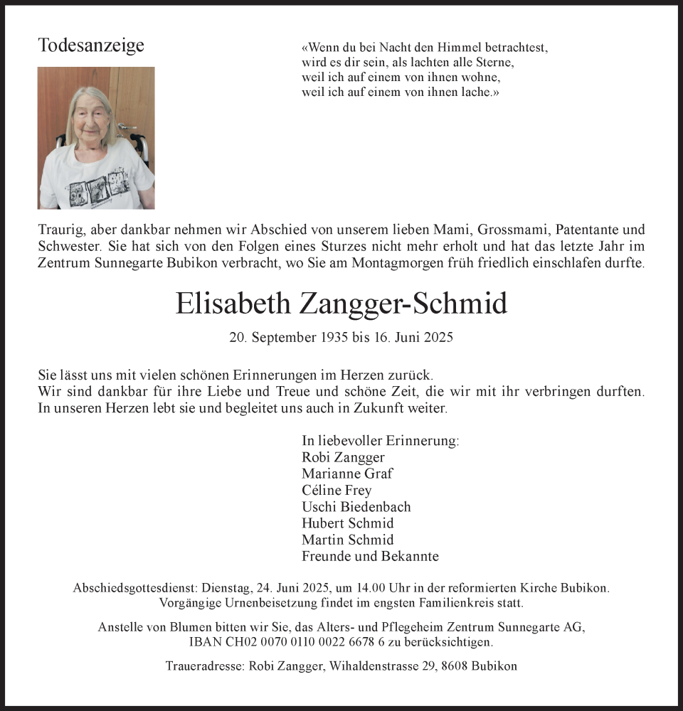  Traueranzeige für Elisabeth Zangger-Schmid vom 18.06.2025 aus AvU