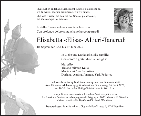 Traueranzeige von Elisabetta Altieri-Tancredi von AvU