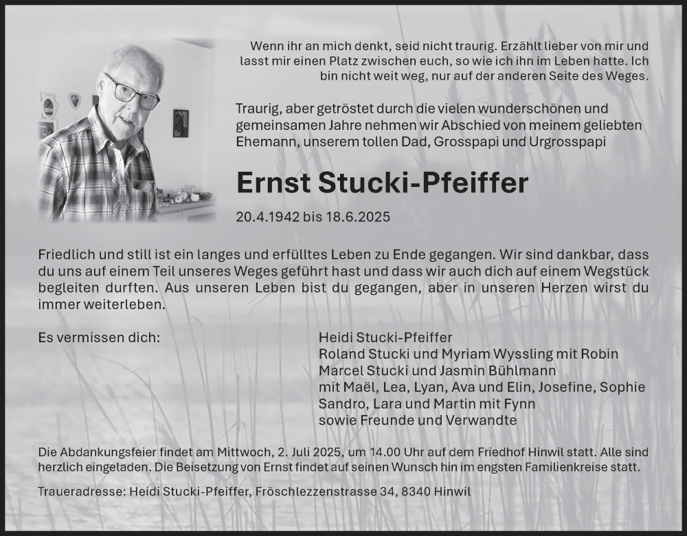  Traueranzeige für Ernst Stucki-Pfeiffer vom 27.06.2025 aus AvU