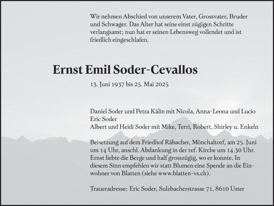 Traueranzeige von Ernst Emil Soder-Cevallos von AvU
