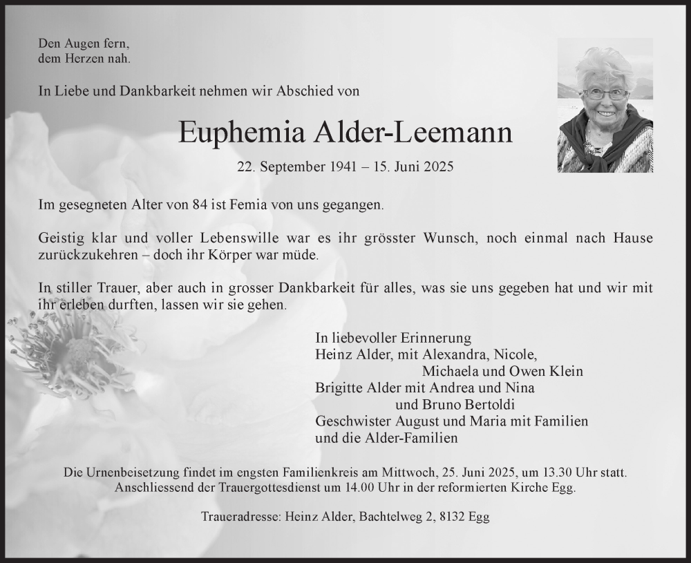  Traueranzeige für Euphemia Alder-Leemann vom 18.06.2025 aus AvU