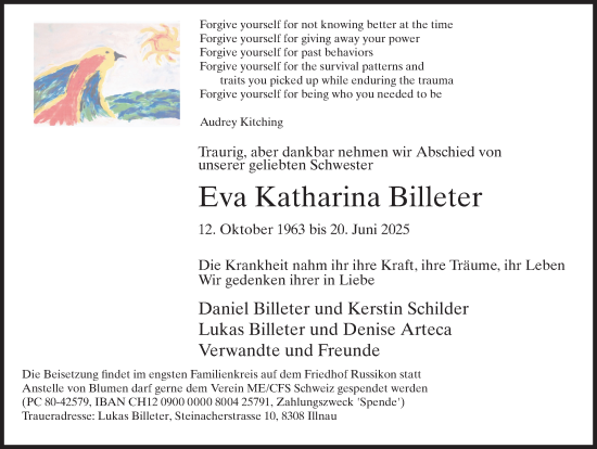 Traueranzeige von Eva Katharina Billeter von AvU
