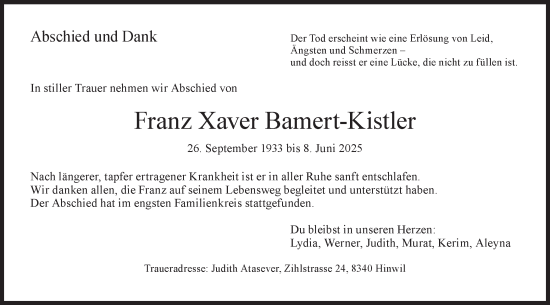 Traueranzeige von Franz Xaver Bamert-Kistler von AvU