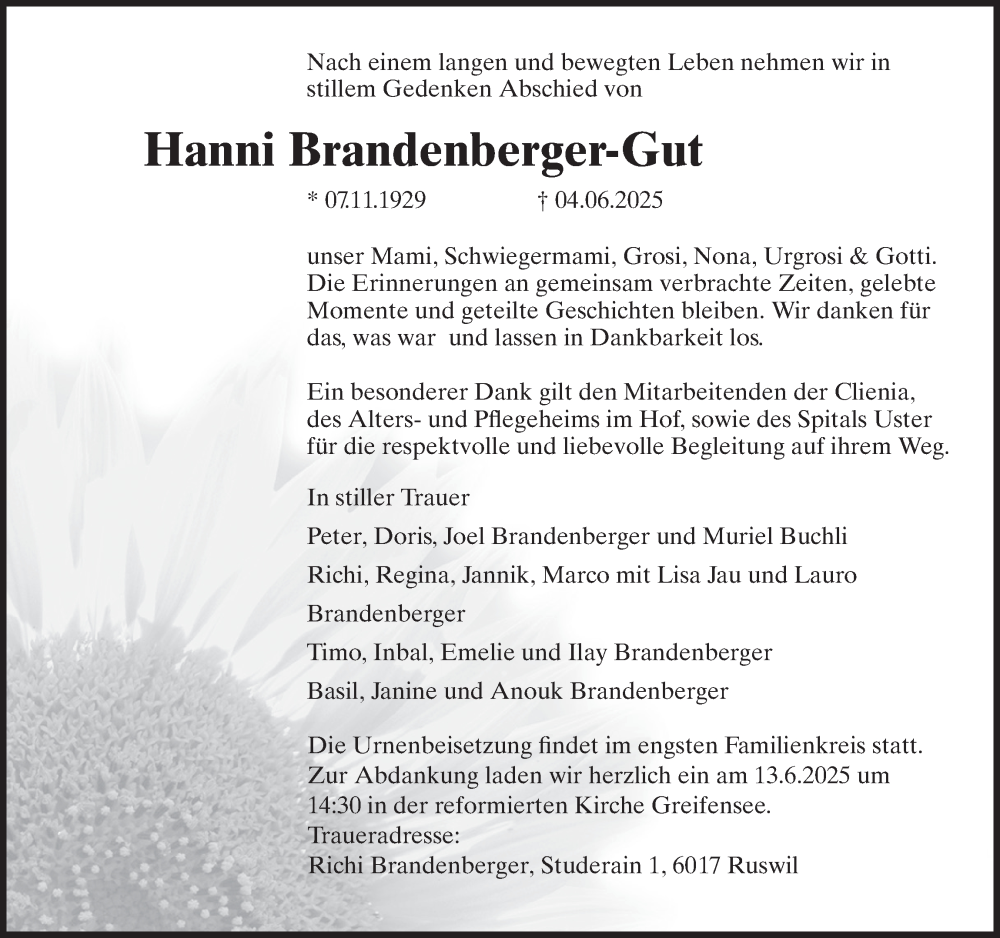  Traueranzeige für Hanni Brandenberger-Gut vom 11.06.2025 aus AvU
