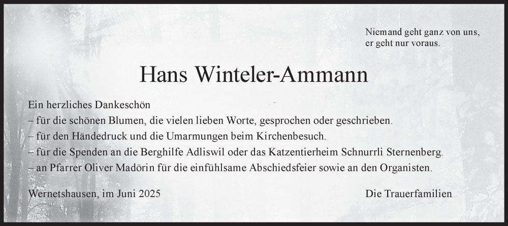  Traueranzeige für Hans Winteler-Ammann vom 04.06.2025 aus AvU