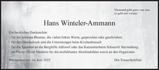 Traueranzeige von Hans Winteler-Ammann von AvU