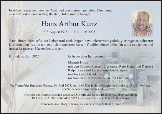 Traueranzeige von Hans Arthur Kunz von AvU