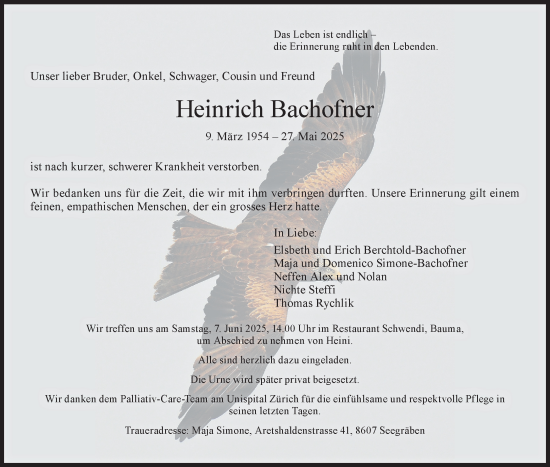 Traueranzeige von Heinrich Bachofner von AvU